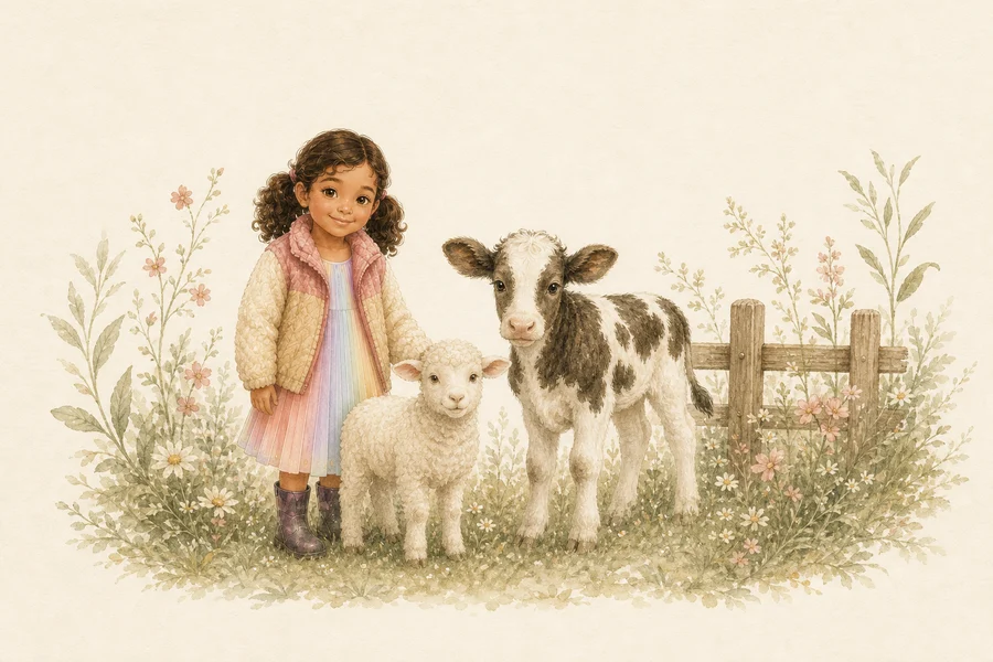 Watercolour Pearl with a lamb and calf in a soft meadow